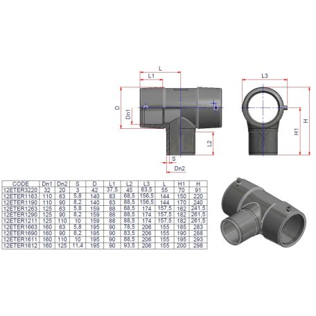 Kpe elektrofitting szűkített T-idom hosszú leágazással 160/ 63 PE100 SDR11 E0100110160006300110