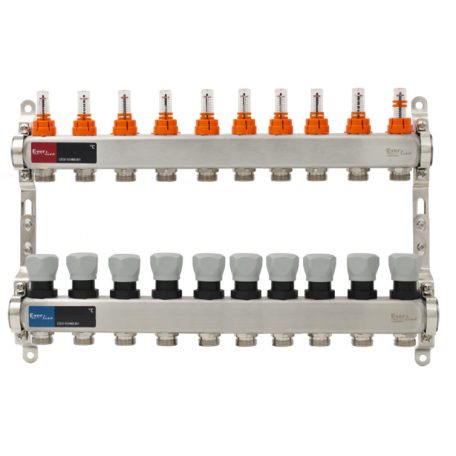 Osztó-gyűjtő áramlásmérős INOX 10 körös, beépített végelemmel, digitális hőmérővel 1”x3/4” EVP-DSF3411/10