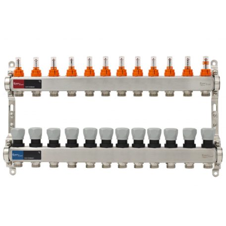 Osztó-gyűjtő áramlásmérős INOX 12 körös, beépített végelemmel, digitális hőmérővel 1”x3/4” EVP-DSF3411/12