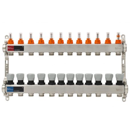 Osztó-gyűjtő áramlásmérős INOX 12 körös, beépített végelemmel, digitális hőmérővel 1”x3/4” EVP-DSF3411/12