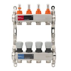   Osztó-gyűjtő áramlásmérős INOX  4 körös, beépített végelemmel, digitális hőmérővel 1”x3/4” EVP-DSF3411/4