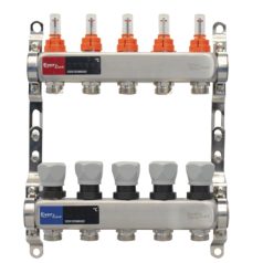   Osztó-gyűjtő áramlásmérős INOX  5 körös, beépített végelemmel, digitális hőmérővel 1”x3/4” EVP-DSF3411/5