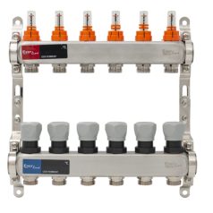   Osztó-gyűjtő áramlásmérős INOX  6 körös, beépített végelemmel, digitális hőmérővel 1”x3/4” EVP-DSF3411/6