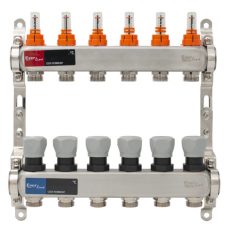  Osztó-gyűjtő áramlásmérős INOX  6 körös, beépített végelemmel, digitális hőmérővel 1”x3/4” EVP-DSF3411/6
