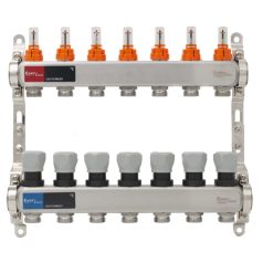   Osztó-gyűjtő áramlásmérős INOX  7 körös, beépített végelemmel, digitális hőmérővel 1”x3/4” EVP-DSF3411/7