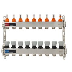   Osztó-gyűjtő áramlásmérős INOX  9 körös, beépített végelemmel, digitális hőmérővel 1”x3/4” EVP-DSF3411/9