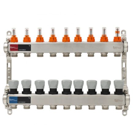 Osztó-gyűjtő áramlásmérős INOX  9 körös, beépített végelemmel, digitális hőmérővel 1”x3/4” EVP-DSF3411/9