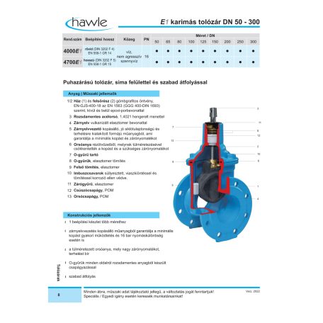 Hawle 4700-2603-10 E1 tolózár karimás hosszú DN200 PN10 GGG