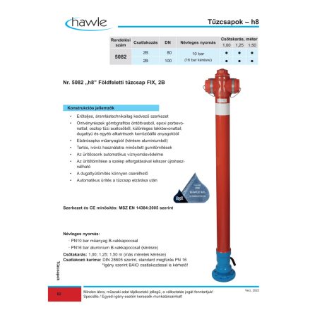 Hawle 5082-1667-10-LT Földfeletti tűzcsap FIX 2B h8 - LT DN 80 L1500 PN10