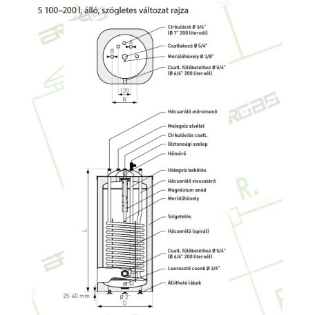 Heizer indirekt tároló S100 szögletes, 1 hőcserélővel, készülék alá 26-105500