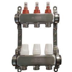   Osztó-gyűjtő áramlásmérős INOX  3 körös 1"x3/4" EK, állítható távolságú rögzítőbilincsekkel