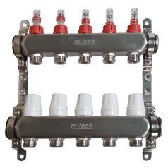   Osztó-gyűjtő áramlásmérős INOX  5 körös 1"x3/4" EK, állítható távolságú rögzítőbilincsekkel