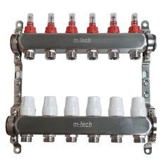   Osztó-gyűjtő áramlásmérős INOX  6 körös 1"x3/4" EK, állítható távolságú rögzítőbilincsekkel