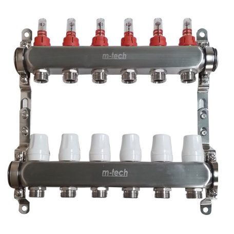 Osztó-gyűjtő áramlásmérős INOX  6 körös 1"x3/4" EK, állítható távolságú rögzítőbilincsekkel