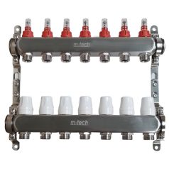   Osztó-gyűjtő áramlásmérős INOX  7 körös 1"x3/4" EK, állítható távolságú rögzítőbilincsekkel