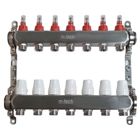 Osztó-gyűjtő áramlásmérős INOX  7 körös 1"x3/4" EK, állítható távolságú rögzítőbilincsekkel