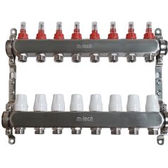   Osztó-gyűjtő áramlásmérős INOX  8 körös 1"x3/4" EK, állítható távolságú rögzítőbilincsekkel