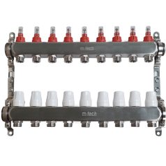   Osztó-gyűjtő áramlásmérős INOX  9 körös 1"x3/4" EK, állítható távolságú rögzítőbilincsekkel