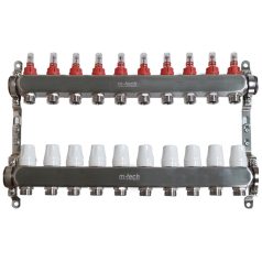   Osztó-gyűjtő áramlásmérős INOX 10 körös 1"x3/4" EK, állítható távolságú rögzítőbilincsekkel