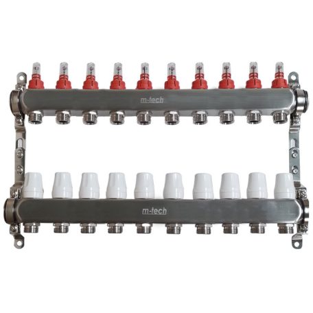 Osztó-gyűjtő áramlásmérős INOX 10 körös 1"x3/4" EK, állítható távolságú rögzítőbilincsekkel
