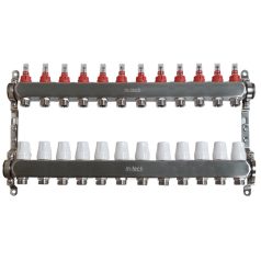   Osztó-gyűjtő áramlásmérős INOX 12 körös 1"x3/4" EK, állítható távolságú rögzítőbilincsekkel