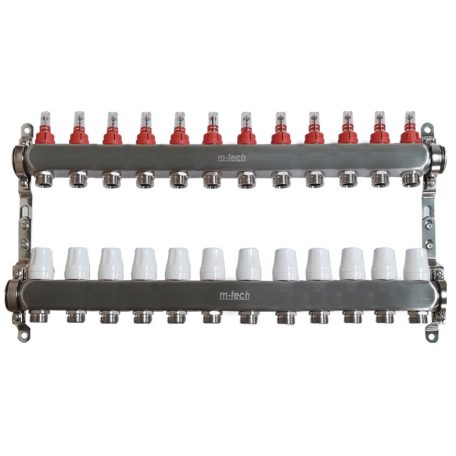 Osztó-gyűjtő áramlásmérős INOX 12 körös 1"x3/4" EK, állítható távolságú rögzítőbilincsekkel