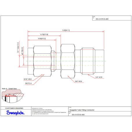 Swagelok STS "VCR" csatlakozó  1/4" SW (Tube) x 1/4" KM (VCR) SS-4-VCR-6-400