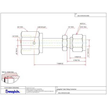 Swagelok STS "VCR" csatlakozó  1/4" SW (Tube) x 1/4" BM (VCR) SS-4-WVCR-6-400
